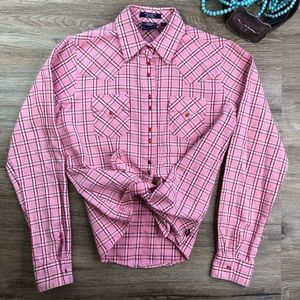 Vintage Y2K Cruel Girl Barbie Pink Plaid Pearl Snap Shirt sz L